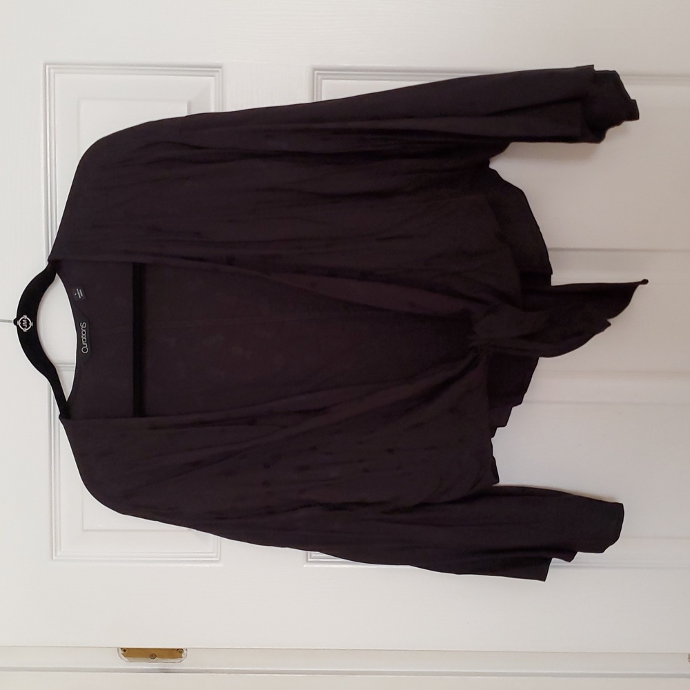 CURATIONS black(w/embroidered pineapples) tie front shrug w/ long bell sleeves.